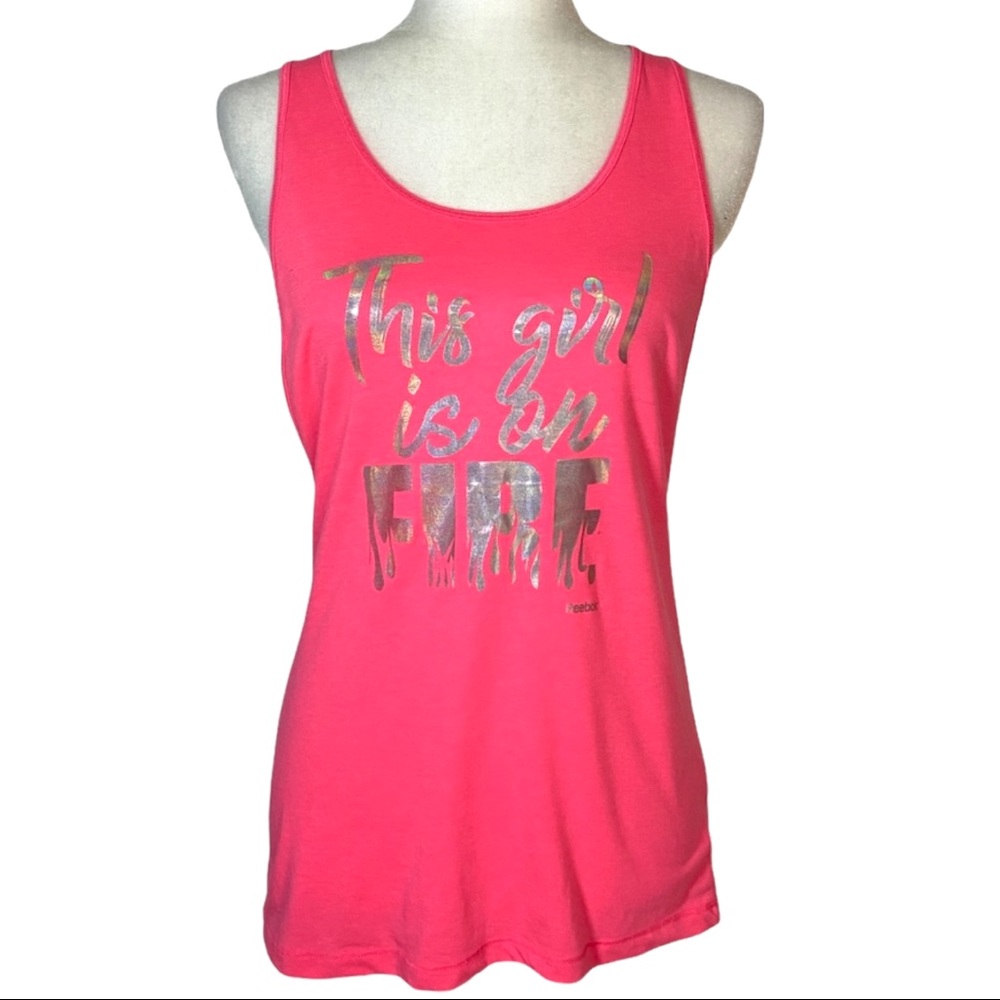 Reebok This Girl Is On Fire Silver Iridescent Graphic Pink Open Back Tank Small